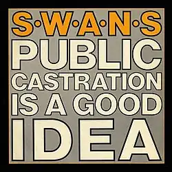 The words "Swans" in yellow, all caps with a black outline, each letter separated by a dot. Below, the text "Public Castration Is a Good Idea" in white, all caps with a black outline.