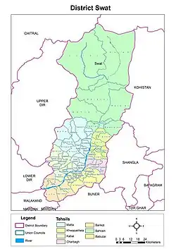 Behrain Tehsil (in green) in Swat District