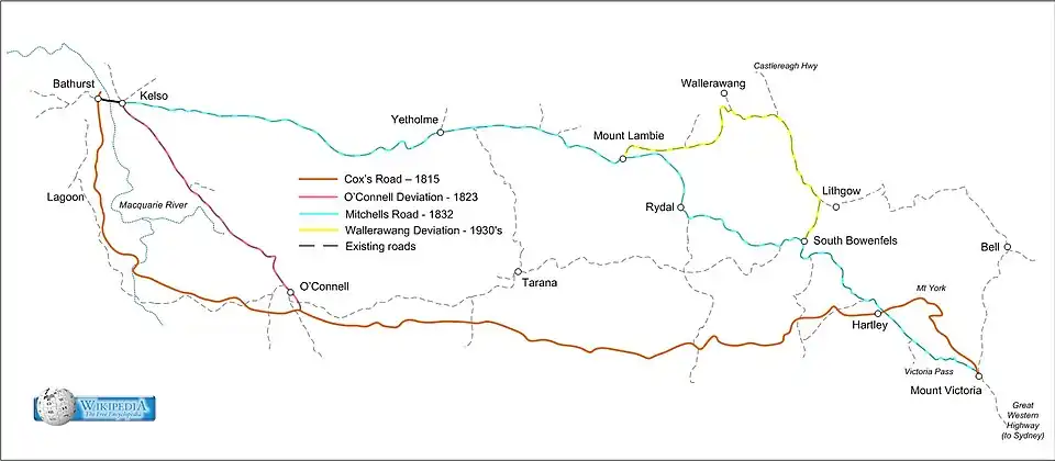 Diagram showing road routes Mount Victoria to Bathurst section of the Sydney to Bathurst Road – Cox's Road 1815, O'Connell Deviation 1823, Mitchell's Road 1832, and Wallerawang Deviation 1930's.