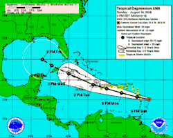 Colored map of a tropical storm's projected future track. Black dots, connected by a black line, indicate its estimated position at 12 hour intervals in the beginning and 24 hour towards the end of the track. The path starts in the eastern Caribbean and ends in the central Gulf of Mexico.