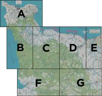 The Longest Day playing board, divided into sections. Most regular scenarios would use 1-4 of these boards.