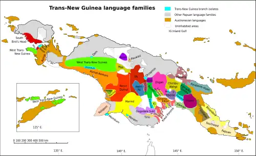 Map showing language groups throughout both Papua New Guinea and Western New Guinea
