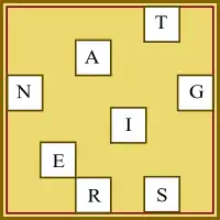 A blank square scattered with the letters of the word "tangiers".