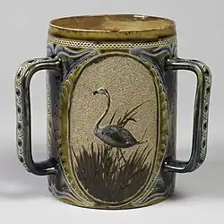 Three-handled tankard, Lambeth stoneware, 1884