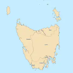 Map of Tasmania showing the five House of Assembly divisions