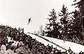 A ski flyer over the knoll in Kulm, 1962