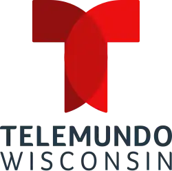 The Telemundo logo in red, which is rendered utilizing the sides of two circles rendered as a "T", appears. Below it, text on two separate lines reads "TELEMUNDO" and "WISCONSIN" in dark gray.