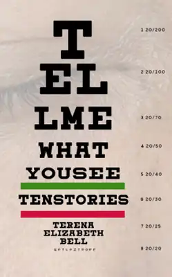 Cover of the book showing black letters of title in form of an eye chart over the image of a person with one eye shut