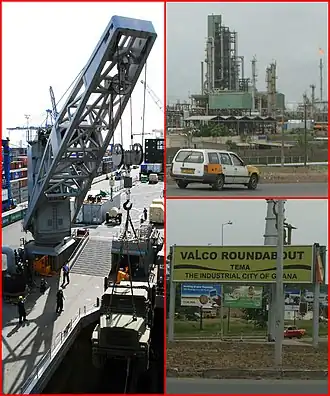 First-left picture: Cargo ships with Intermodal containers being loaded in the Industrial Tema Harbour • First-top right picture: Petroleum Processing and Refining Plant and Natural-Gas Processing Plant in Tema • Second-bottom right picture: Valco Roundabout of State-owned Aluminium Corporation Valco (Volta Aluminum Company) in Tema
