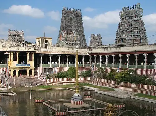 The armies of the Delhi Sultanate led by their Delhi Sultanate commander Malik Kafur demolished and plundered the Meenakshi Temple of Madurai and looted it of all its wealth.[262][263][264]