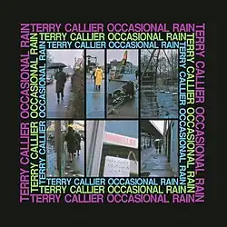 A set of photographs of rain in an urban setting with "TERRY COLLIER OCCASIONAL RAIN" written along them in a border repeatedly in several colors