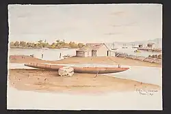 Watercolour of Thames River with native canoe in foreground, wooden dwelling in background by Ellen Cheeseman