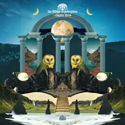 Abstract digital collage of images, featuring owls, mountains, moons and other natural imagery.