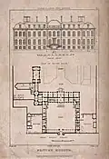 The British Museum at Montague House: a layout plan, and elevation of the garden facade. Engraving by J. Roffe after A. Pugin, 1823.