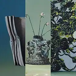 A collage of an unravelling scroll, a flower pot, and a distorted vase.