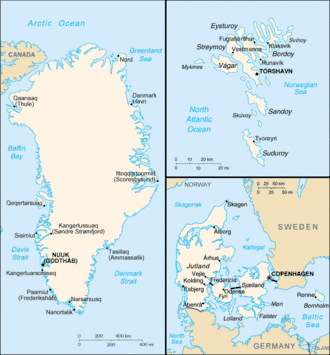Clockwise from top left (sizes not to scale): maps of Greenland, the Faroe Islands, Denmark