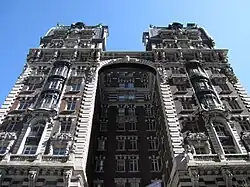 The Dorilton's facade as viewed from 71st Street. There is elaborate stone and brick detail.
