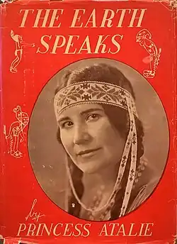 Photograph of a book cover which has text at the top and bottom, has 3 small line drawings of Native American figures and a center oval portrait of a Native woman wearing a beaded headband.