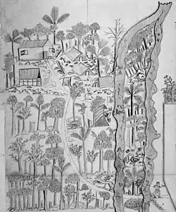 Black and white drawing of a farm in a forest with animals and human activities