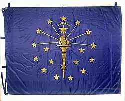 The first Indiana flag after adoption to be used by the state government. This flag was created by Paul Hadley to be used at the Indiana Statehouse in 1923.[15]