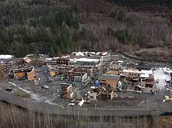 Distant film set of of in-construction building exteriors