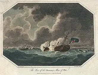 HMS Romney aground off the Texel in 1804. In this Richard Corbould print, Romney's blue ensign at the stern is shown inverted, as a sign of distress.