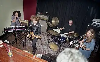 The Loud Family performing at Hotel Utah, San Francisco, about 1999. Left to right: Alison Faith Levy, Scott Miller, Gil Ray, Kenny Kessel. (Photo: Robert Toren.)