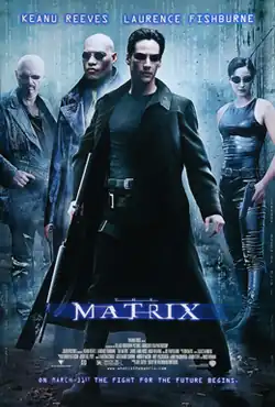 The characters of the film (Cypher, Morpheus, Thomas Anderson/Neo, and Trinity) in an alleyway holding guns and weapons, with bullets on the ground. Lines of computer code (known as digital rain) can be seen scattered around the poster. The tagline on the bottom reads "ON MARCH 31ST THE FIGHT FOR THE FUTURE BEGINS."