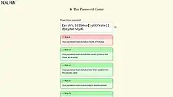 The current password is Earth1.55554mayXXXVshelldpbydwindyAl with a waning moon symbol between the "a" and "y" in "may". Below the password are various rules that must be fulfilled. Green rules, including today's Wordle answer, the presence of a two-letter symbol from the periodic table, and the correct moon phase emoji are complete, while the red rule, the one requiring the player to include a month name, is not.