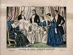 A colored lithograph from 1845 depicting Andrew Jackson dying in bed, surrounded by family members