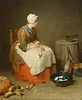 Painting of a kitchen maid peeling root vegetables