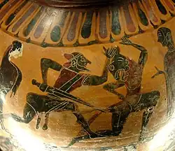 Theseus and the Minotaur. Detail from an Attic black-figure amphora, c. 575 BC–550 BC.