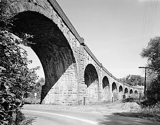 View of the east side of Thomas Viaduct crossing the Patapsco River, looking north