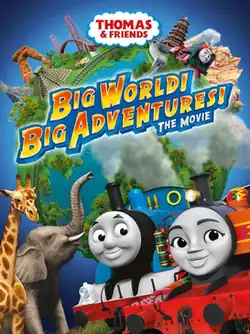 A globe of Earth, featuring several landmarks and Yong Bao, is situated in the middle behind the film's logo and the Thomas & Friends logo. On the bottom, a giraffe, an elephant, Thomas, and Nia are seen (from left to right).