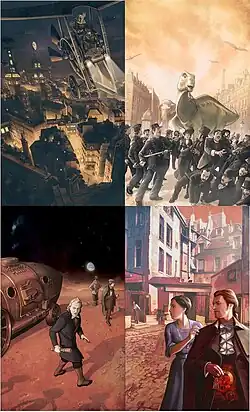 Collage de quatre images : en haut à gauche, un couple installé dans une voiture aérienne rétro-futuriste survole un Paris nocturne; en haut à droite, des bêtes préhistoriques effraient une foule de parisiens en costumes Belle Époque; en bas à gauche, à proximité de leur vaisseau interplanétaire en forme d'obus, des explorateurs contemplent la Terre depuis Mars tandis que les ombres se pr La Roue fulguranteofilant au premier plan annoncent la venue de Martiens; en bas à droite, dans une cour parisienne, un homme mécanique et une femme regardent derrière eux un homme qui tient le portillon battant d'une grille ouvrante.