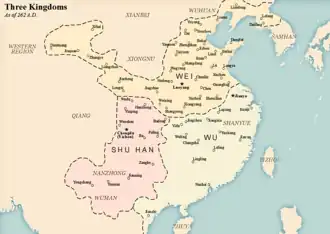 The territories of Shu Han (in light pink), as of 262 A.D.