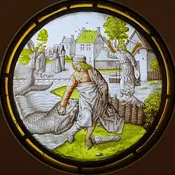 Stained glass, Netherlands, c. 1500, the departure (or return) in the background