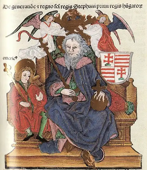 Chronica Hungarorum, Thuróczy chronicle, King Saint Stephen of Hungary, Prince Saint Emeric of Hungary, throne, angels, crown, orb, scepter, holy, double cross, Árpád stripes, Hungarian coat of arms, medieval, Hungarian chronicle, book, illustration, history