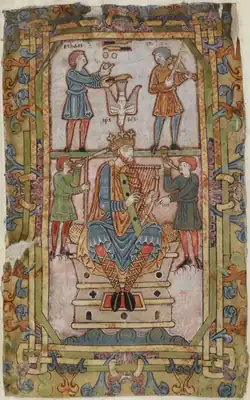 Circa 1075 A.D., England. King Alfred poses as King David.[152] The dove brings the holy spirit; a juggler and a fiddler perform at top; at bottom a wooden trumpet and cowhorn.