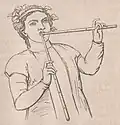 Tibia dextra (αὐλός ἀνδρήϊος), the bass pipe held in the player's right hand, "made from the upper part of the reed or cane."[2] Tibia sinistra (αὐλός γυναικειος), the treble pipe held in the player's left hand, "made of the lower part of the reed or cane near the roots," produced sharp or treble notes (acuto tinnitu).[2]