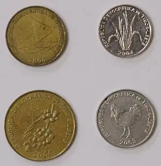 Four coins with the official name of Timor-Leste surrounding various motifs