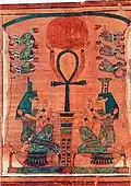 Book of the Dead detail, goddesses on gold, with djed pillar, ankh, Ra, and baboons
