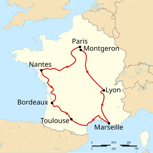 Map of France with the route of the 1903 Tour de France on it, showing that the race started in Paris, went clockwise through France and ended in Paris after six stages.