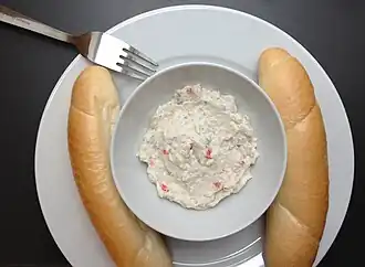 A traditional Slovak fish salad of cod in mayonnaise, treska s majonézou