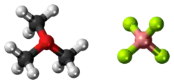 Ball-and-stick models of the component ions of trimethyloxonium tetrafluoroborate