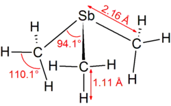 Stereo, skeletal formula of trimethylstibine with all explicit hydrogens added and some measurements