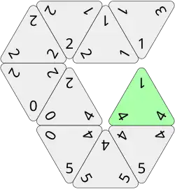 The completion of the bridge with the 1-4-4 tile scores 1+4+4 + 40 (bonus) = 49 points in total. Note how the corner value 1 must match the adjacent corners.