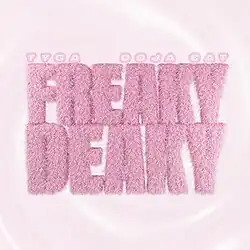 "Freaky Deaky" written in a fuzzy pink font placed in the center of the light pink background with the names of the artists written above.