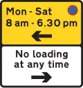 Waiting prohibited in the direction indicated (upper panel), and loading and unloading prohibited in the direction indicated (lower panel)