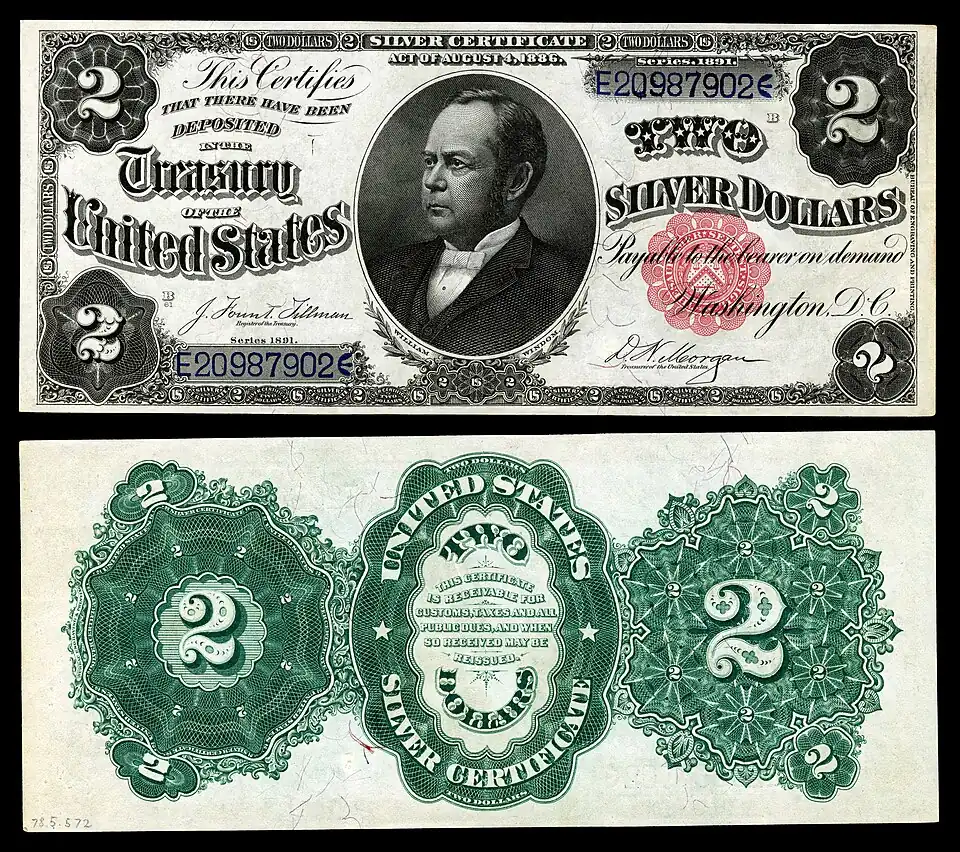 The second two-dollar denomination in the silver certificate series printed in 1891. This note features United States Secretary of the Treasury William Windom.